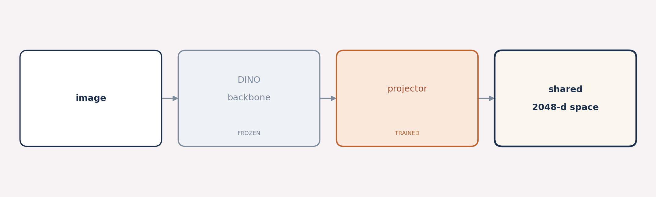 fusion perception architecture: an image passes through a frozen dino backbone and a trained projector into the shared 2048-d space.